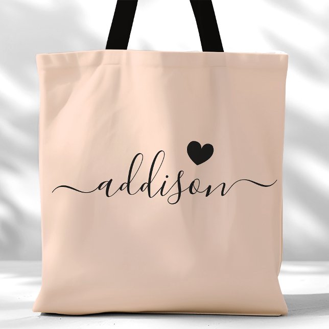 Bridesmaid Modern Script Heart Peach Beige Tote Bag (Creator Uploaded)