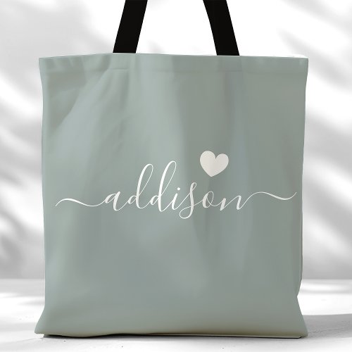 Bridesmaid Modern Script Heart Sage Green Tote Bag