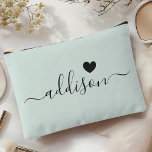 Bridesmaid Modern Script Pale Mint Heart Accessory Pouch<br><div class="desc">This elegant accessory pouch features a stylish pale mint background adorned with a modern script font displaying a personalized name and a charming heart design. The soft, feminine color and sophisticated typography make it a perfect accessory for bridesmaids or anyone who appreciates chic and trendy designs. Its versatile use and...</div>