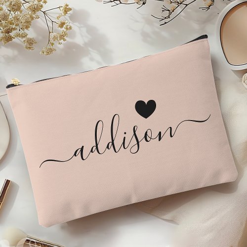 Bridesmaid Modern Script Peach Beige Heart Accessory Pouch