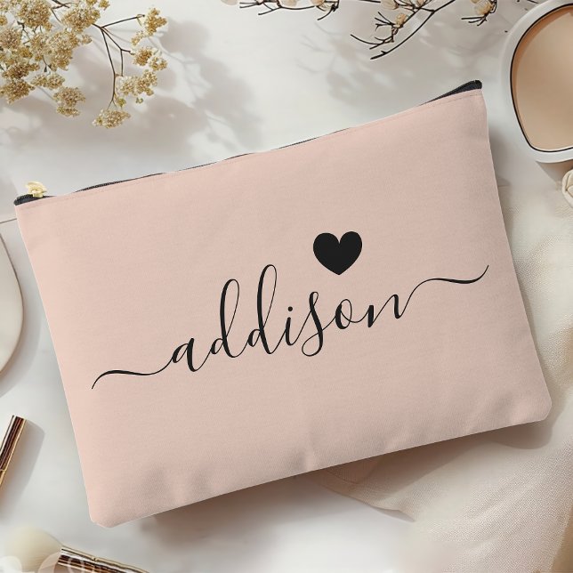 Bridesmaid Modern Script Peach Beige Heart Accessory Pouch (Creator Uploaded)