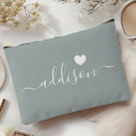 Bridesmaid Modern Script Sage Green Heart Accessory Pouch<br><div class="desc">This elegant accessory pouch features a stylish sage green background adorned with a modern script font displaying a personalized name and a charming heart design. The soft, feminine color and sophisticated typography make it a perfect accessory for bridesmaids or anyone who appreciates chic and trendy designs. Its versatile use and...</div>