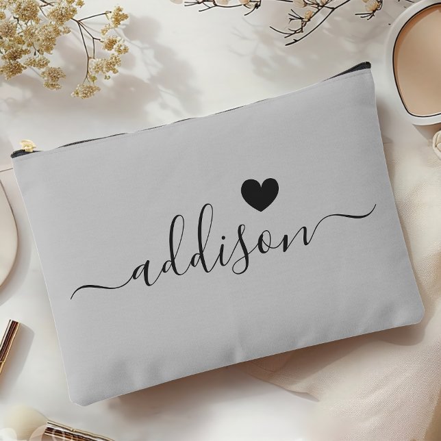 Bridesmaid Modern Script Warm Gray Heart Accessory Pouch (Creator Uploaded)
