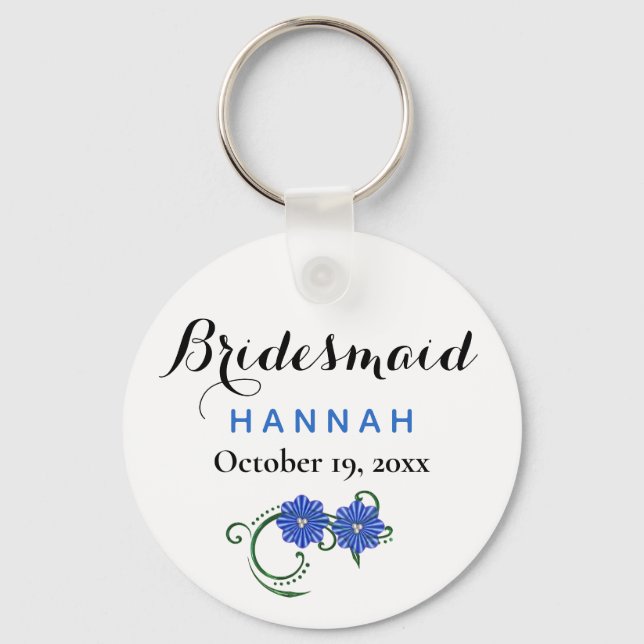 Bridesmaid Modern Typography Blue Flowers Wedding Keychain (Front)