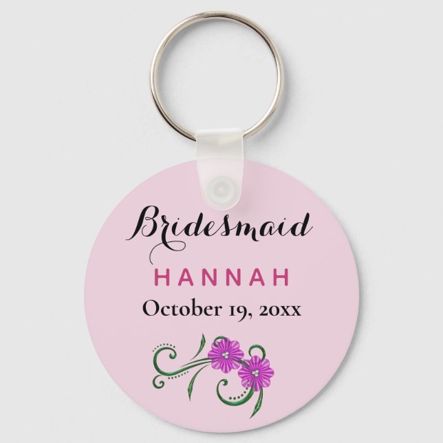 Bridesmaid Modern Typography Pink Flowers Wedding Keychain (Front)