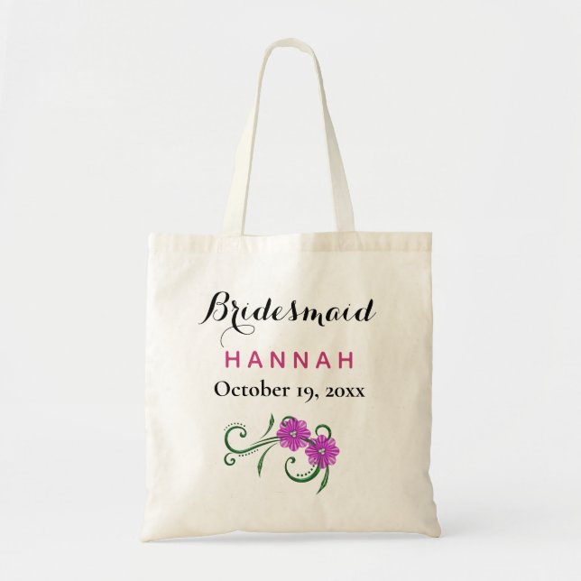Bridesmaid Modern Typography Pink Flowers Wedding Tote Bag (Front)