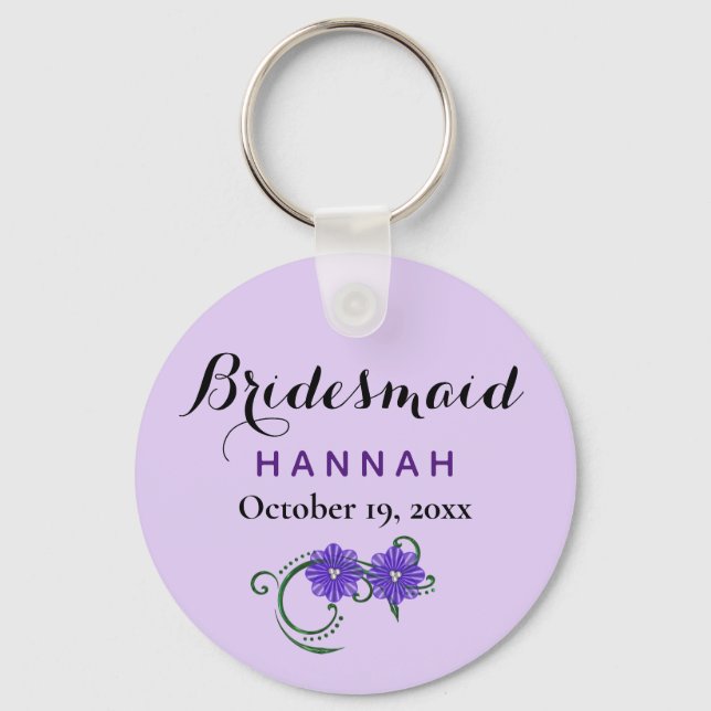 Bridesmaid Modern Typography Purple Floral Wedding Keychain (Front)