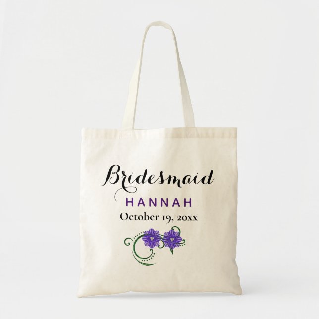 Bridesmaid Modern Typography Purple Floral Wedding Tote Bag (Front)