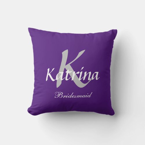 Bridesmaid Monogram Initial Custom Name Purple Throw Pillow