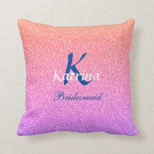 Bridesmaid Monogram Initial Name Rose Gold Glitter Throw Pillow