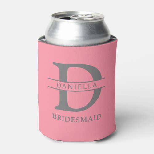bridesmaid monogram initial  name salmon pink can cooler
