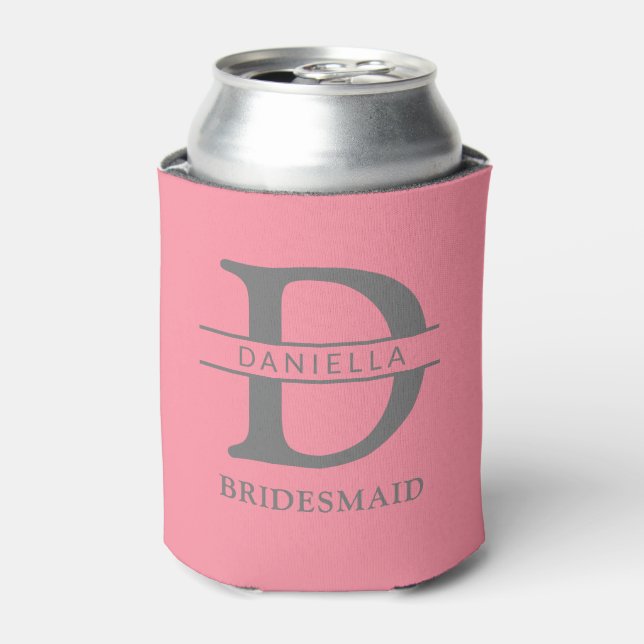 bridesmaid monogram initial & name salmon pink can cooler (Can Front)