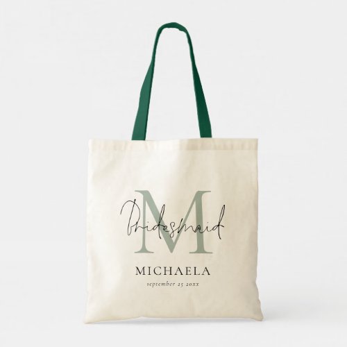 Bridesmaid Monogram Initial Name Script Sage Tote Bag