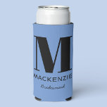 Bridesmaid Monogram Name Blue Seltzer Can Cooler<br><div class="desc">Modern typography minimalist monogram name design which can be changed to personalize. Perfect for thanking your Bridesmaid for all their help and support in making your wedding amazing. Change the blue background and text color to match your celebration.</div>