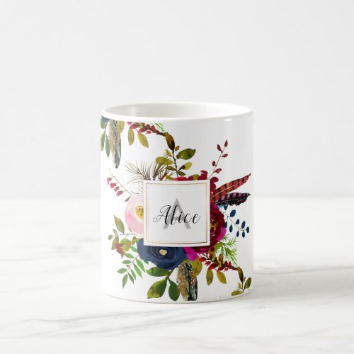 Bridesmaid Monogram Watercolor Boho Burgundy Blue Coffee Mug