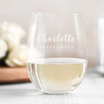 Bridesmaid name cute script etched stemless wine glass<br><div class="desc">Stemless wine glasses with your custom name in a cute script font with customizable text "bridesmaid" below.</div>