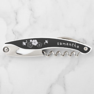 Bridesmaid Name Date Artsy Floral Black Waiter's Corkscrew