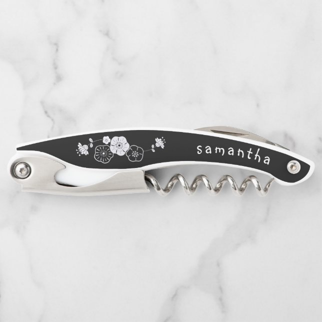 Bridesmaid Name Date Artsy Floral Black Waiter's Corkscrew (Front)