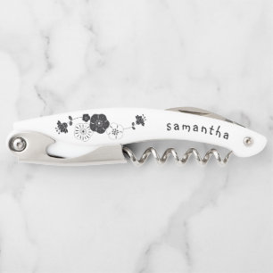 Bridesmaid Name Date Artsy Floral White Waiter's Corkscrew