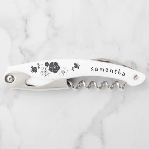 Bridesmaid Name Date Artsy Floral White Waiters Corkscrew