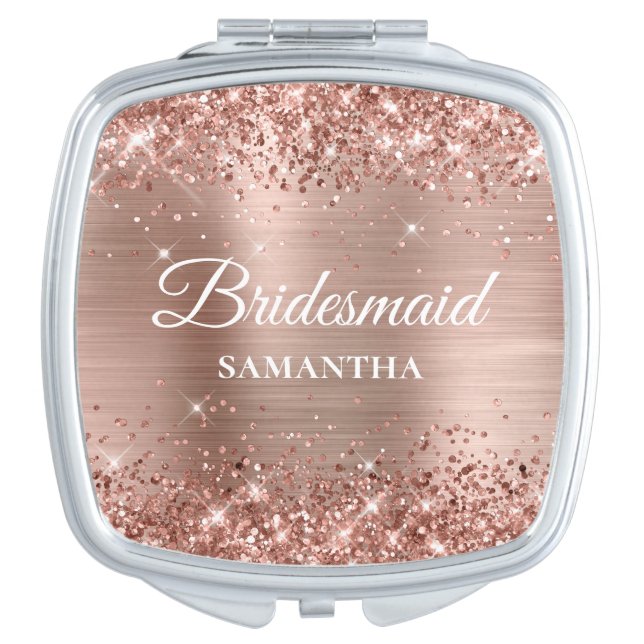 Bridesmaid Name Glittery Rose Gold Glam Compact Mirror (Front)