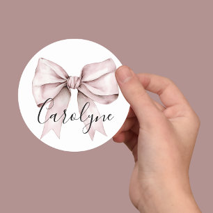 Bridesmaid name pink Bow She's Tying the Knot Classic Round Sticker