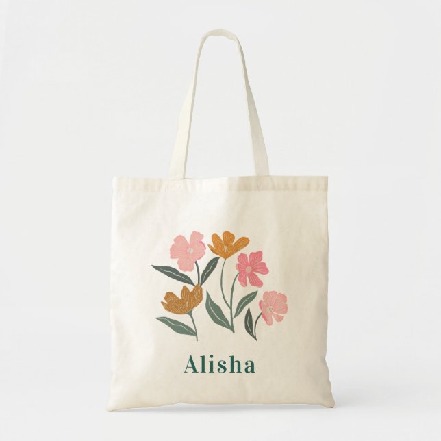 Bridesmaid Name Pink Floral Illustrated Botanical  Tote Bag (Front)
