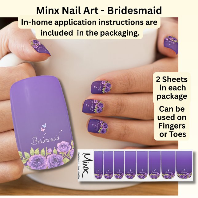 Bridesmaid / Name, Purple Mauve Flowers & White Minx Nail Art (Creator Uploaded)