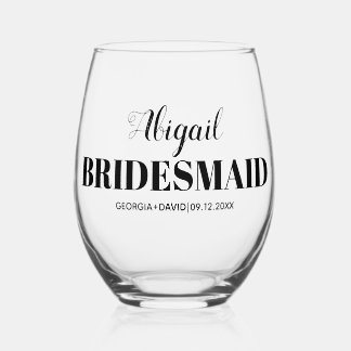 Bridesmaid name typography wedding stemless wine glass