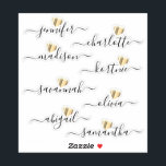 Bridesmaid Names Personalized Vinyl Decal Stickers<br><div class="desc">Elegant and unique script bridesmaid's personalized names with a shiny gold heart vinyl stickers. These can be used for wedding bridesmaids favor gifts, crafts, stationery, scrapbooking and more. If you need to move around or remove the gold heart, click on personalize then the click "Edit using design tool" link. You...</div>
