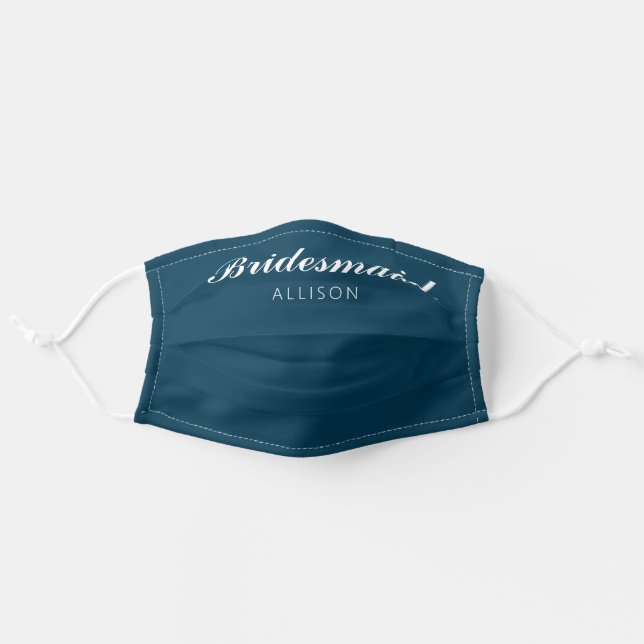 Bridesmaid Navy Blue Calligraphy Script Name Adult Cloth Face Mask (Front, Unfolded)