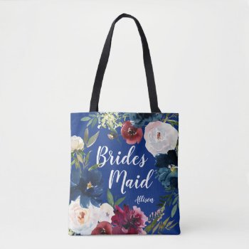 Bridesmaid Navy Burgundy Floral Wreath Tote Bag by Precious_Presents at Zazzle