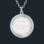Bridesmaid Necklace Wedding Gift Pink & Gray<br><div class="desc">These necklaces are designed to give as favors to bridesmaids in your wedding party. Designed to coordinate with our Pink & Gray Elegant Wedding Suite, they feature a simple yet elegant design with a white background, Pink & Gray, and a silver faux foil floral border. Perfect way to thank your...</div>