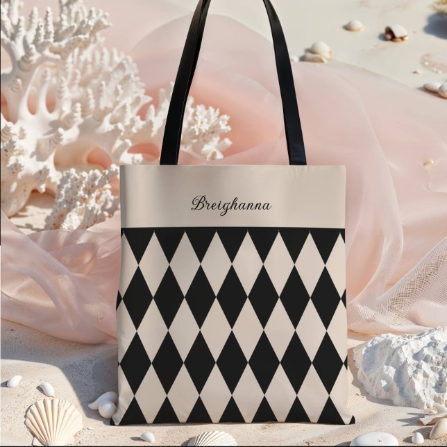 Bridesmaid Old Money Black + Beige Diamond Checker Tote Bag (Creator Uploaded)