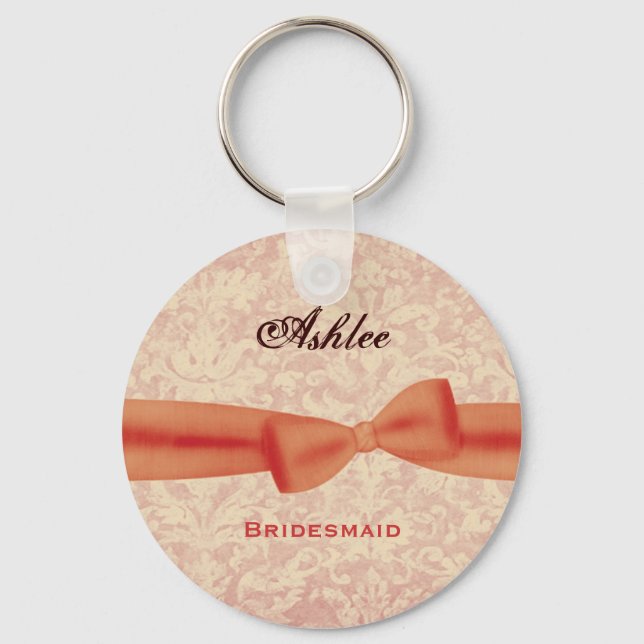 Bridesmaid Orange Bow Ecru Damask E009 Keychain (Front)