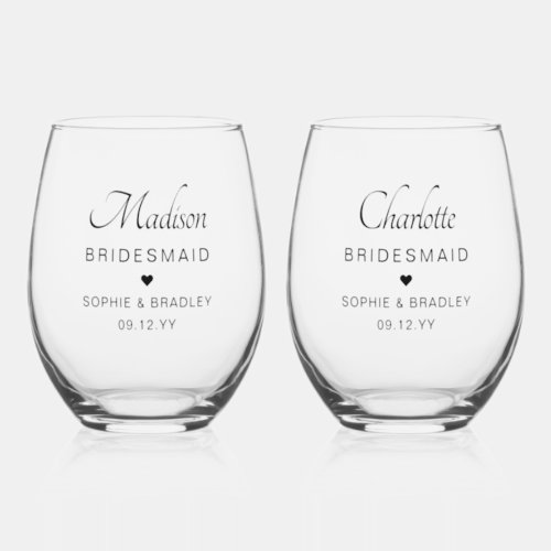 Bridesmaid Personalised Name Wedding Party Stemless Wine Glass