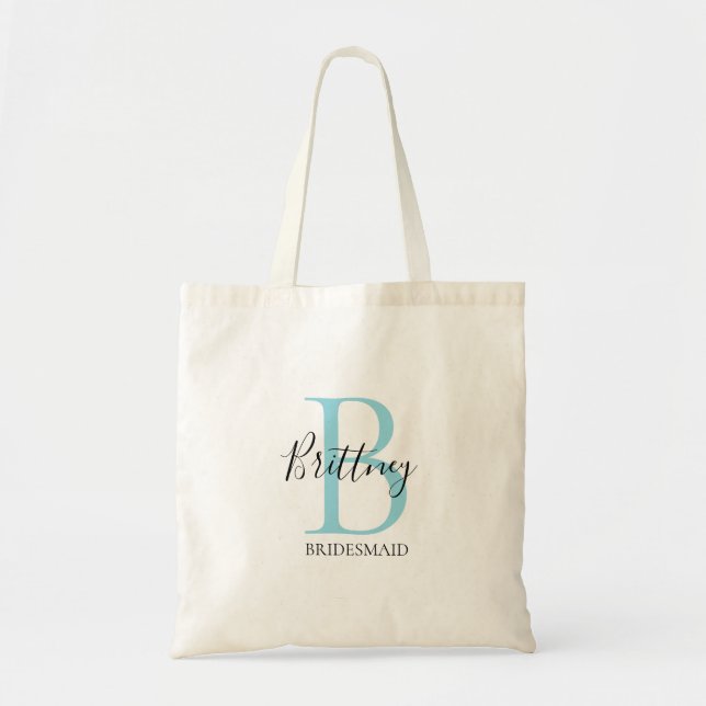Bridesmaid Personalized Blue and Black Monogram Tote Bag (Front)