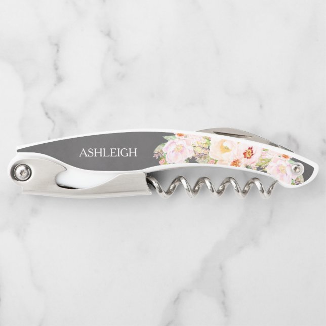 Bridesmaid Personalized Blush Peony Chalkboard Waiter's Corkscrew (Front)