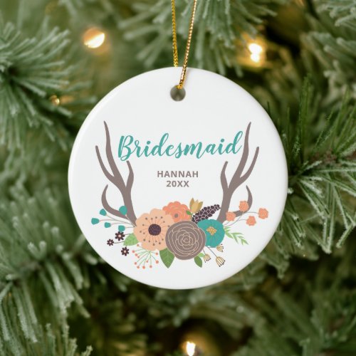 Bridesmaid Personalized Boho Floral Antlers Wreath Ceramic Ornament