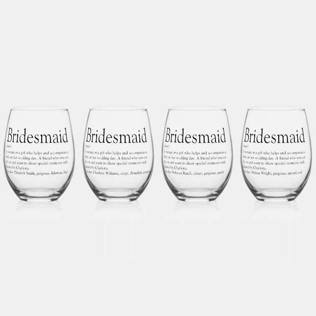 Bridesmaid Personalized Definition Favor Stemless Wine Glass (Front)