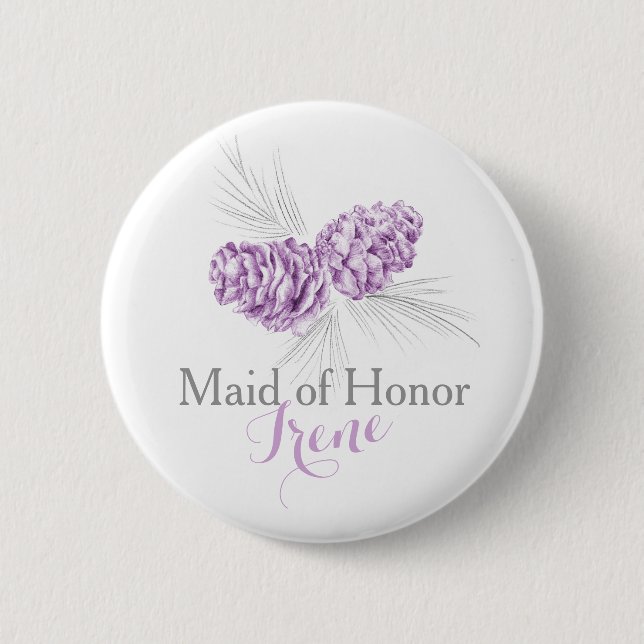 Bridesmaid pine cone purple wedding pin button (Front)