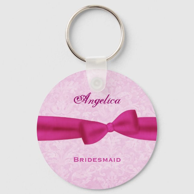 Bridesmaid Pink Bow Pink Damask E016 Keychain (Front)