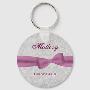 Bridesmaid Pink Bow Silver Damask E004 Keychain