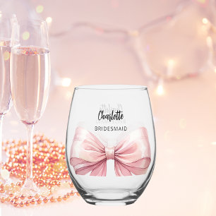 Bridesmaid pink bow stemless wine glass