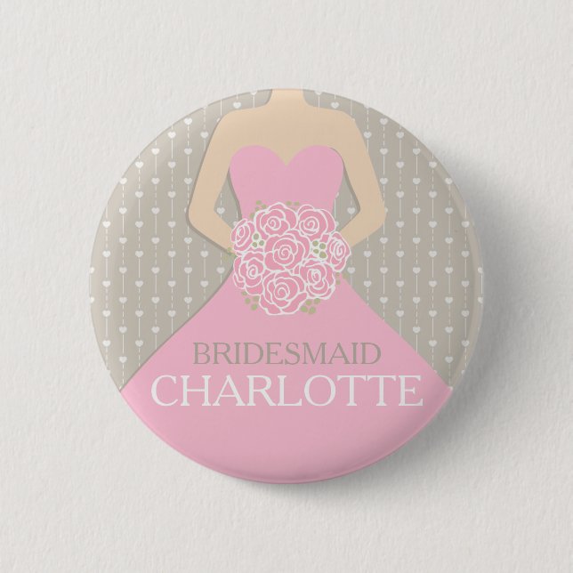 Bridesmaid pink dress named wedding pin button (Front)