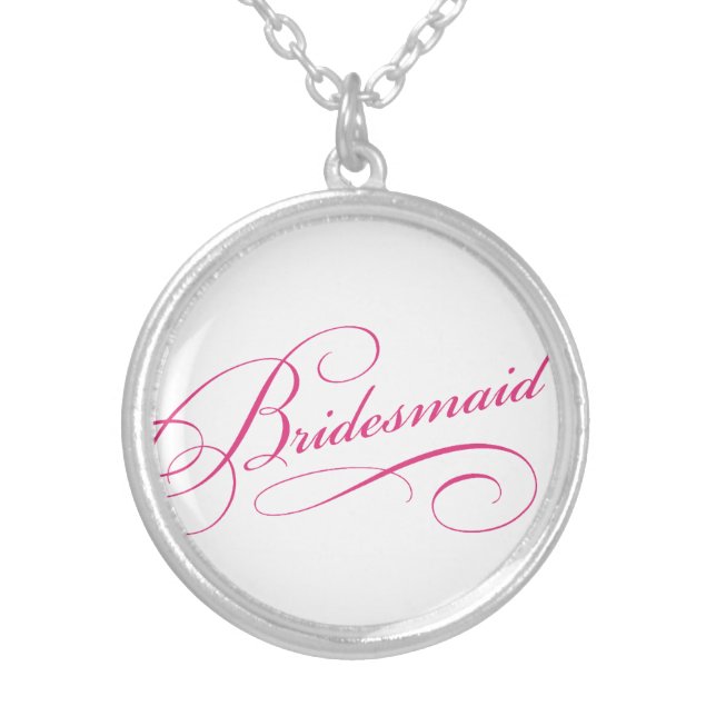 Bridesmaid pink elegant typography script silver plated necklace (Front)