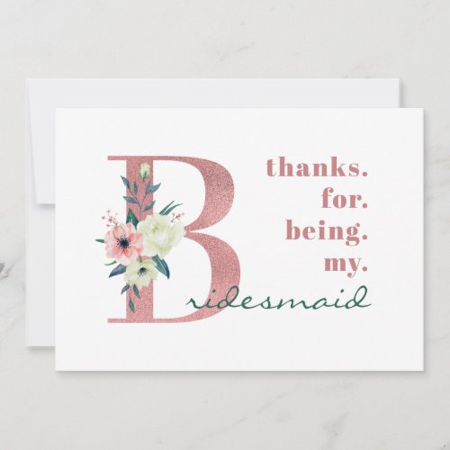 Bridesmaid Pink Floral Letter Wedding Thank You Card