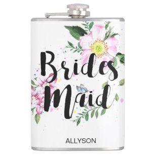 Bridesmaid Pink Floral Watercolor Bridal Shower Hip Flask