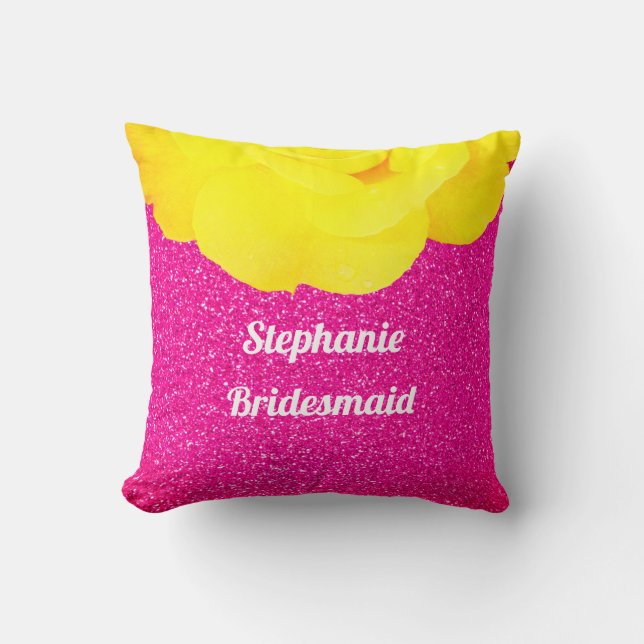 Bridesmaid Pink Glitter Wedding Floral Yellow Rose Throw Pillow (Front)