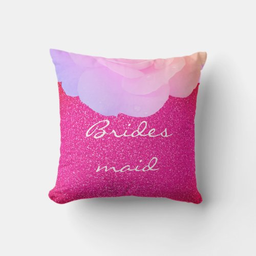 Bridesmaid Pink Glittery Rose Gold Floral Wedding Outdoor Pillow